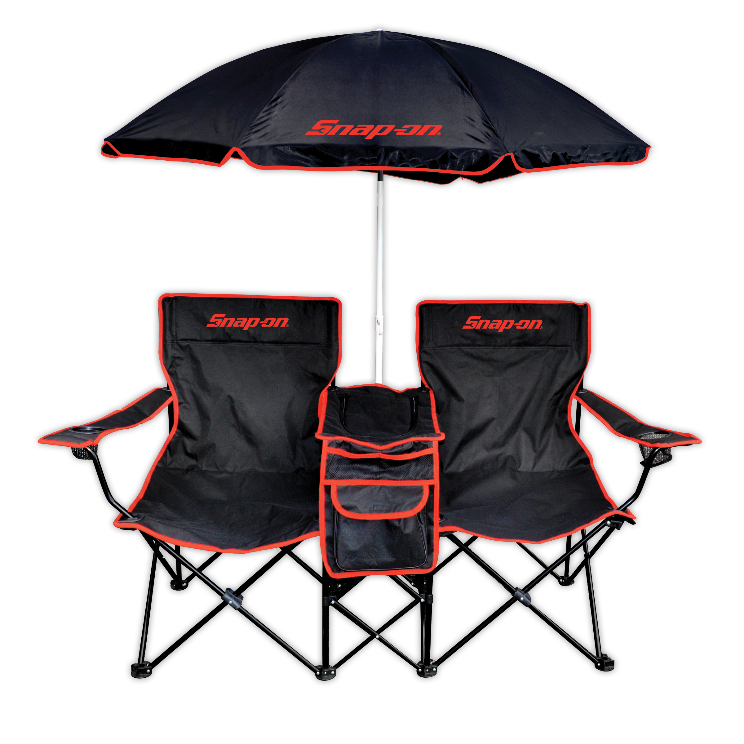 blackred double chair with umbrella and bluetooth speakers